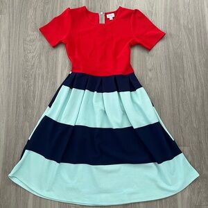 LuLaRoe Vibrant Red and Blue Colorblock Midi Dress xsmall